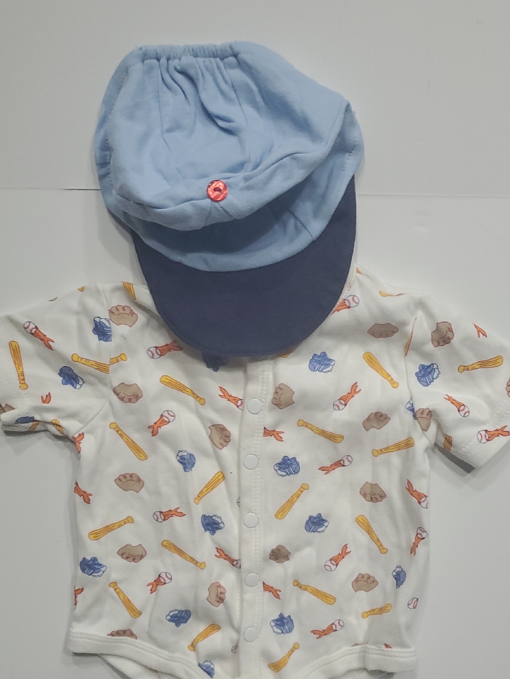 White Baby Button-Front Baseball Print Romper with Light Blue Cap